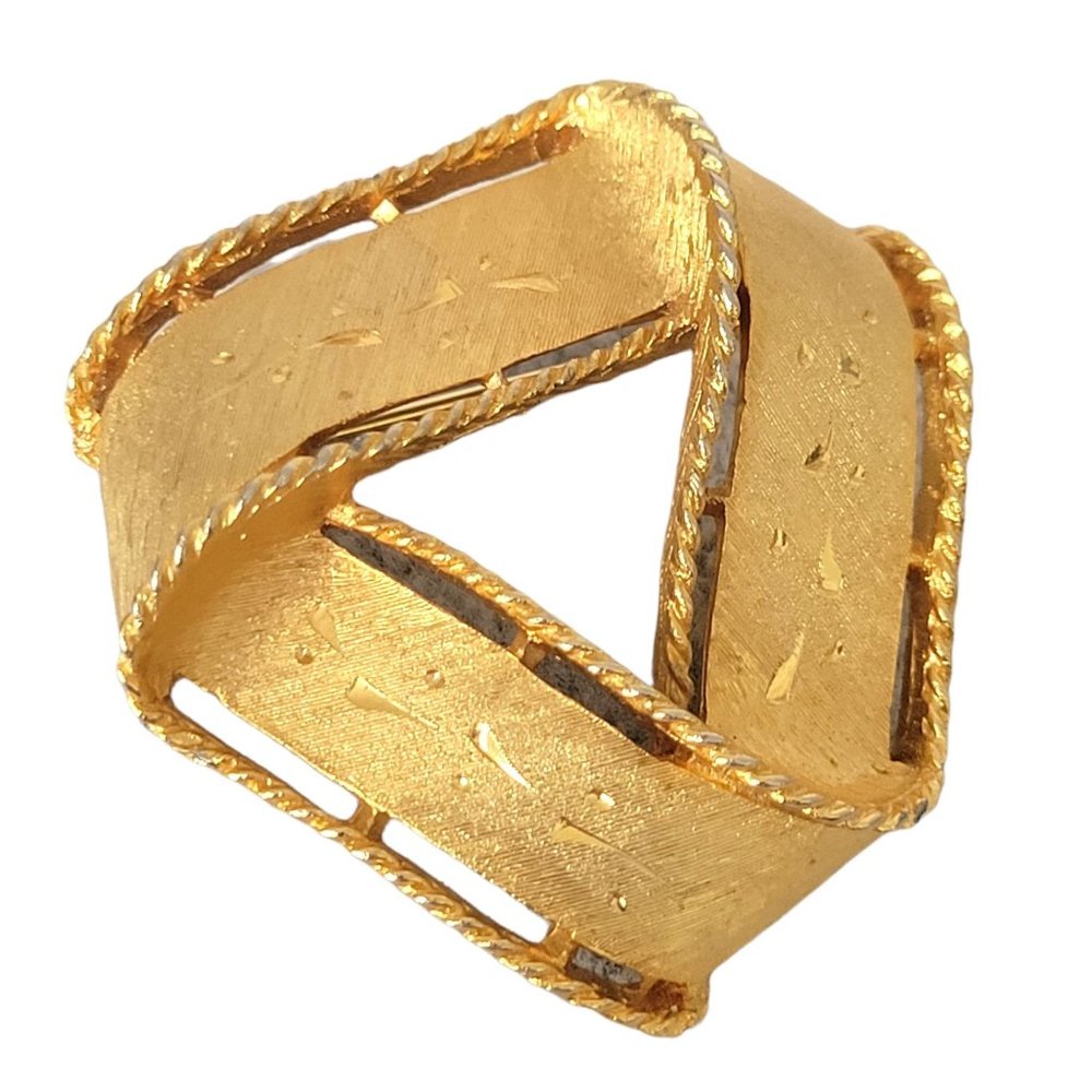JJ Triangular Ribbon Brooch Pin Brushed Gold Tone Etched Signed Vintage 1 1/2"